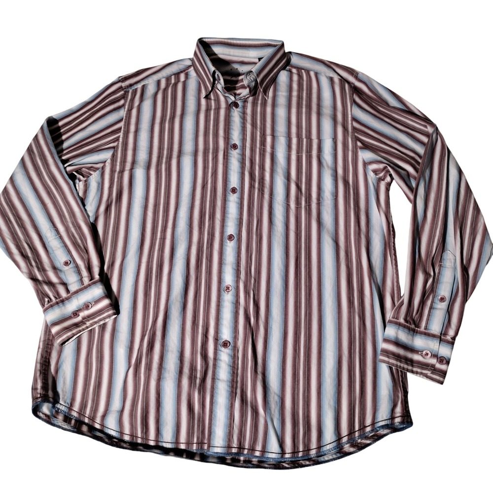 Indigo Palms Mens Brown Blue Striped 100% Cotton Button Down‎ Shirt Sz L - Spot
